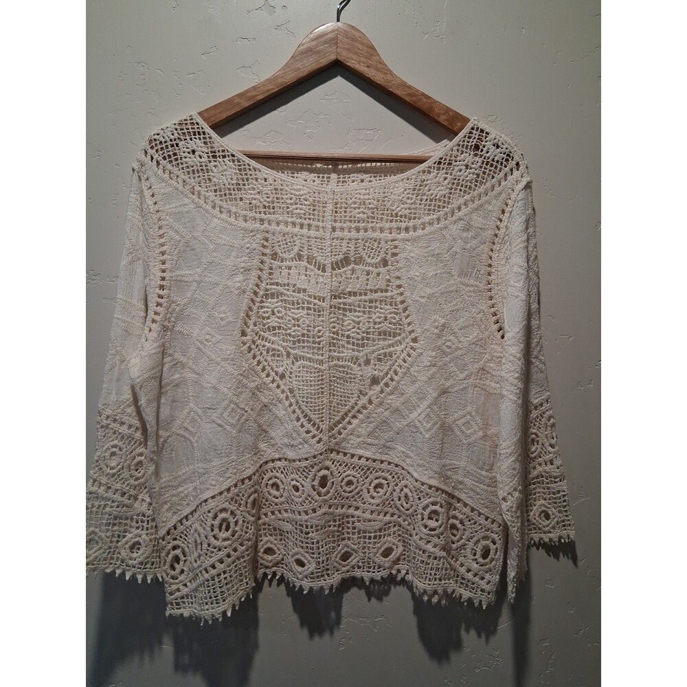 Boho Cream Mixed Crochet Lace Embroidered Gauze  3/4 Sleeve Blouse Festival M
